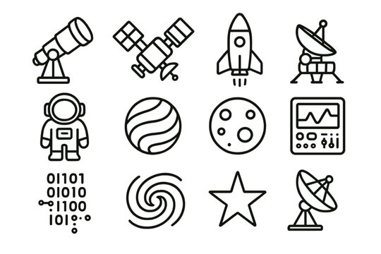 Space Exploration Icons. Deep Space Research linear icon set. telescope, satellite, rocket, space probe, astronaut, planet, moon, control panel, data stream, galaxy, star, antenna