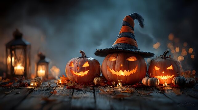 Glowing jack-o-lanterns with witch hat on rustic wooden surface surrounded by autumn leaves and vintage lanterns in misty Halloween night atmosphere. - Powered by Adobe