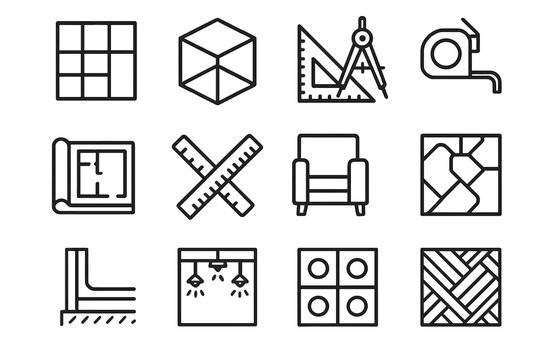 Architectural Planning Icons. Spatial planning linear icon set: layout grid, 3D model, drafting tools, sketchbook, ruler, measuring tape, wall section, furniture icon, zoning