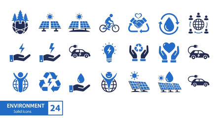 Modern environmental icons depicting sustainability, renewable energy, clean transport, and ecological awareness in a sleek, solid blue design