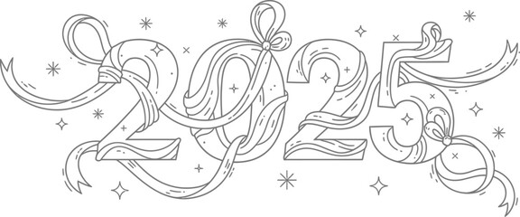 Artistic line drawing of 2025 with ribbons and stars for new year celebration