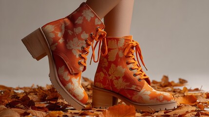 Bold orange boots create a vibrant fashion statement among autumn leaves in a cozy indoor setting
