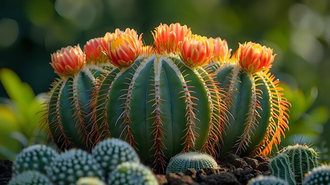 Vibrant barrel cactus with orange-red crown of flowers blooming in garden setting, surrounded by other succulent varieties against blurred green background.