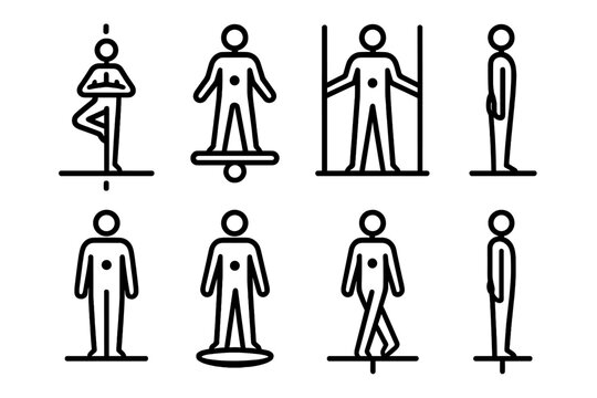Yoga Balance Icons. Physical Balance linear icon set: yoga pose, balance board, stability bar, posture line, centered dot, grounded stance, alignment marker, steady step