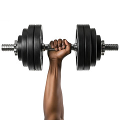 Powerful african american arm holding a heavy adjustable dumbbell for fitness.