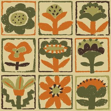 Seamless retro floral pattern. Hand-drawn textured flowers in warm earthy tones. Vintage folk-art style blocks. Perfect design for textiles and wrapping paper. Vector illustration.