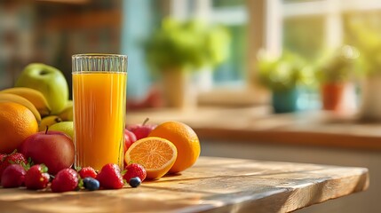 Fresh orange juice in tall glass surrounded by vibrant fruits on wooden kitchen counter with bright window background.