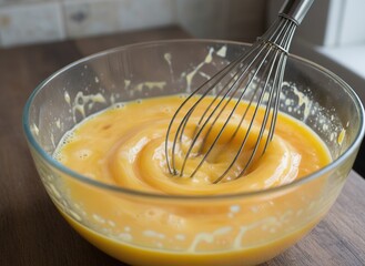 Whisking a Yellow Sauce in a Glass Bowl for Cooking.