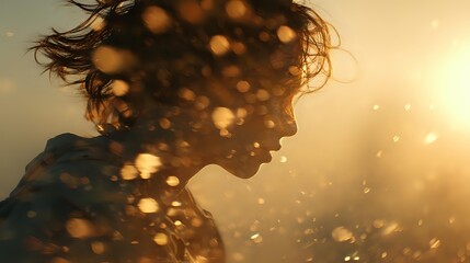 Silhouette of woman with flowing hair against golden sunset light, surrounded by glowing bokeh particles creating dreamy atmospheric effect.
