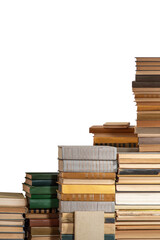 Stacks of many books on a shelf or table on an isolated background. Concept of library, reading, old classic literature
