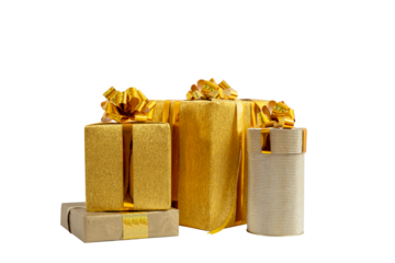 Golden gift boxes for holidays, birthday, promotions, christmas, new year, wedding. Elegant luxury wrappers, lush bows on isolated background.