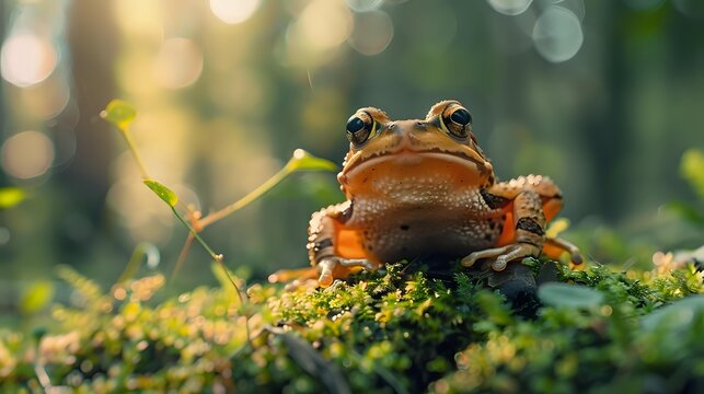 Brown frog sitting on moss in forest with beautiful bokeh background, wildlife photography for nature publications and environmental conservation awareness.