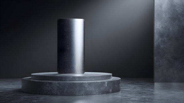 A textured cylindrical object stands on a multi tiered pedestal against a dark moody background with dramatic spotlighting creating a sense of mystery and sophistication