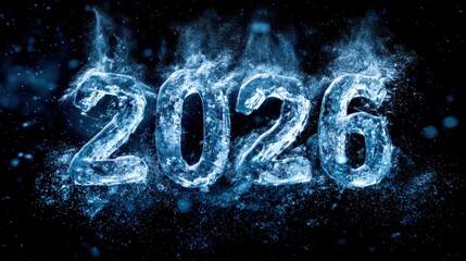 Glowing Ice Numbers 2026 Creation with Blue Sparkles and Fluid Effects Against Dark Background for Future Year Celebration and Marketing Use