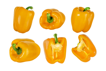 Set of whole and sliced half of yellow bell peppers, isolated on transparent background. Fresh vegetable with green stem, perfect for healthy food, cooking, and vegetarian design concepts.
