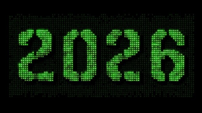 Green Digital Display of Year 2026 with LED Style. Bright Numeric Representation Against Black Background in Futuristic Theme
