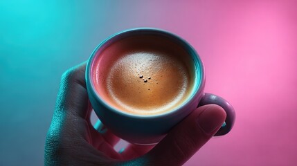 Hand holding coffee cup with espresso against colorful background