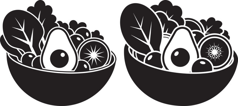 Two fresh avocado and leafy green salad bowls silhouette