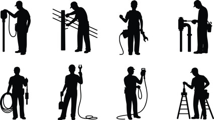 Electrician, plumber, and utility technician worker silhouette set, featuring men with tools, wiring, pipes, ladder, and diagnostic equipment vector graphics for service.