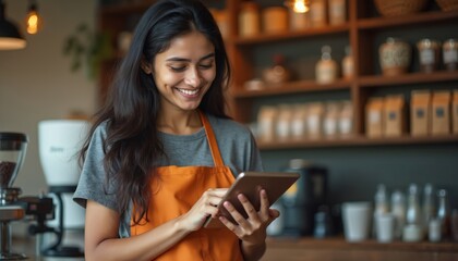 Smiling young woman barista in orange apron holds tablet. She works in cozy cafe, managing orders and interacting with tech. She looks happy and competent while using device.