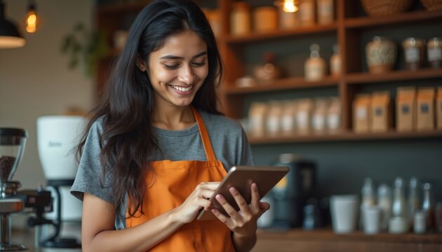 Smiling young woman barista in orange apron holds tablet. She works in cozy cafe, managing orders and interacting with tech. She looks happy and competent while using device.