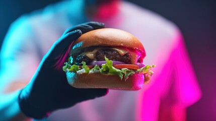 Close-up of juicy cheeseburger with lettuce and tomato held by gloved hand