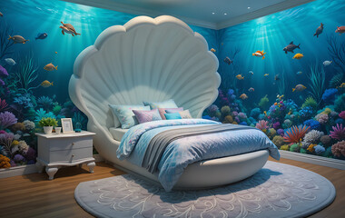 Enchanting underwater themed bedroom featuring a luxurious seashell bed, vibrant coral reef wall decor, and swimming marine life, creating a whimsical aquatic dreamscape