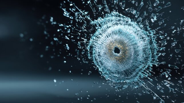 Ultra-detailed depiction of shattered glass effect from high-speed projectile impact, showcasing intricate patterns and textures on a dark background.