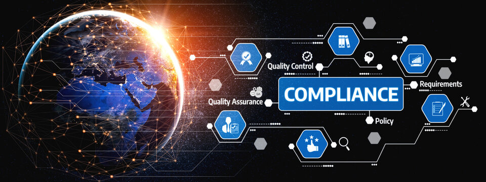 A visually striking image featuring a digital globe and compliance concepts, focusing on quality control, assurance, and necessary requirements for effective business practices. Tessel
