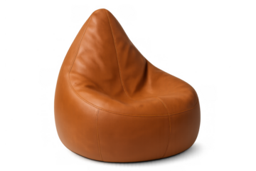Brown leather bean bag chair, modern pouf for comfortable seating and relaxation, isolated with transparent background