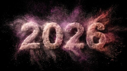 Colorful powder explosion creating the numbers 2026 against a dark background for a vibrant celebration of the New Year and future events