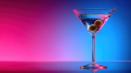 Elegant martini with green olives against red and blue gradient backdrop