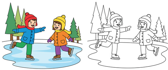 Cute boy and girl ice skating on frozen pond in winter vector illustration set with colorful and black and white outline for coloring book page.