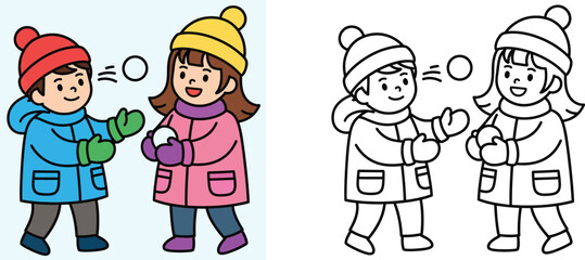 Cute boy and girl playing snowball fight in winter season vector illustration set with colorful and black and white outline for coloring book page.