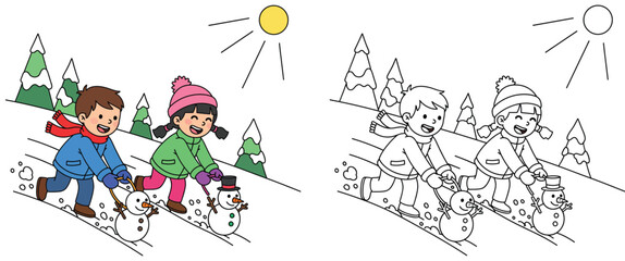 Cute boy and girl rolling snowballs to make snowmen in winter vector illustration set with colorful and black and white outline for coloring book page.