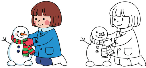 Cute little girl putting scarf on snowman in winter vector illustration set with colorful and black and white outline for coloring book page.