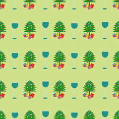 Fototapeta premium A festive seamless vector pattern featuring stylized Christmas trees, gift boxes, and decorative wreaths on a bright blue background.