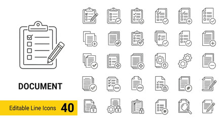 Sleek Line Art Document and File Management Icons - Editable Vector Set for Business, Office, and Digital Interface Design Elements and Applications