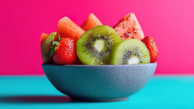Fresh mixed fruit bowl with kiwi, strawberry, and watermelon on vibrant pink background