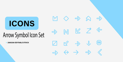 Clean line art arrow symbol icon set on light blue background