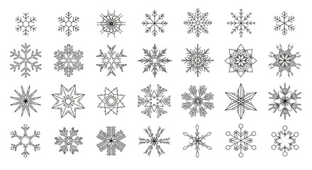 Collection of Simple Snowflake Icons for Winter and Holiday Designs on a White Background