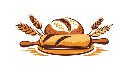 Artisan bakery logo with bread and rolling pin illustration