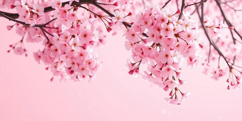 Fototapeta premium Soft pink cherry blossoms falling on a pastel pink background, sakura, illustration
