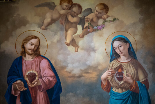 Painting (19th century) of Sacred Heart of Jesus and Mary.