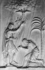 Statue (19th century) of Baptism of Jesus by John the Baptist in the Jordan river.