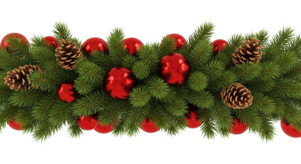 Festive Christmas pine garland with red ornaments and pinecones perfect for holiday banners and winter displays