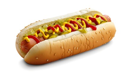 Classic Hot Dog with Mustard and Ketchup on White Background