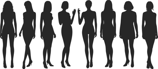 Elegant female silhouettes, standing in fashionable poses, showcasing diverse body shapes, hairstyles, and modern style.