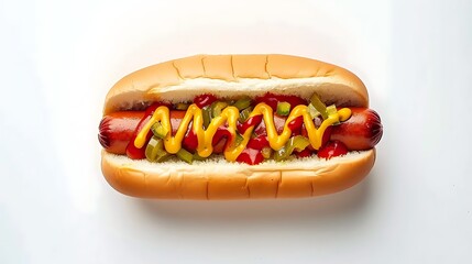 Classic Hot Dog with Mustard and Ketchup on White Background