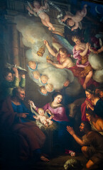 Painting (19th century) of Christmas Nativity Scene with Virgin Mary, Saint Joseph, and Jesus baby.